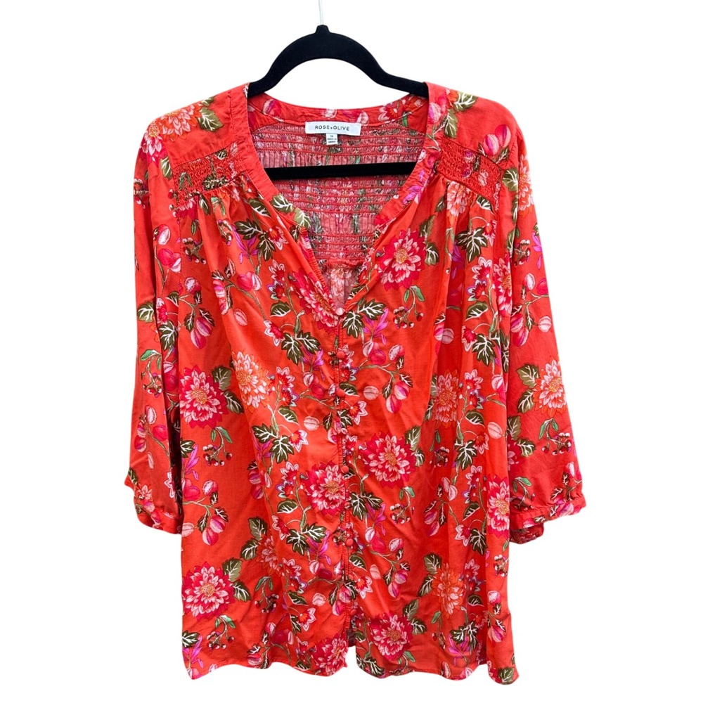 Rose + Olive Orange Floral Smocked Rayon Blouse 1X Boho Button Front 3/4 Sleeve
